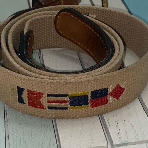 Zeppelin Canvas Leather Belt Nautical Flag Embroidered Brass Buckle Sz 44 USA - Picture 5 of 7